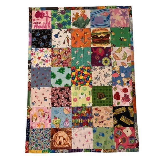 Vtg Handcrafted Multicolored Patchwork Baby Quilt 29”x21” Animals Food Flowers - Picture 1 of 5
